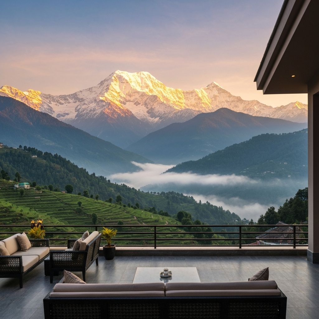 Panoramic Himalayan mountain view from Kanyal Villa